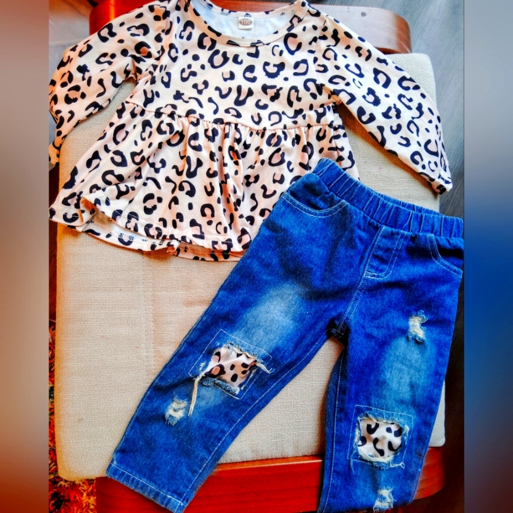 Leopard Print Top and Distressed Jeans Set (3T)